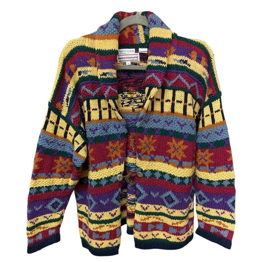 Vintage Westbound Knitted by Hand multicolored open cardigan size L